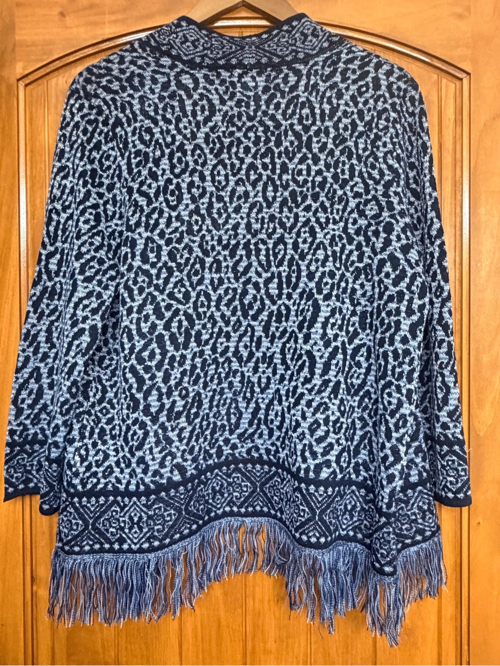 Ruby Rd. Leopard Print Shimmer Fringed Open Cardigan - Picture 5 of 6